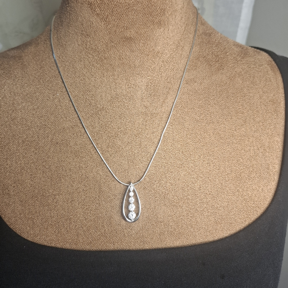 💎 Sterling Silver Teardrop Journey Necklace w CZ Diamonds on Round Snake Chain - Picture 5 of 16